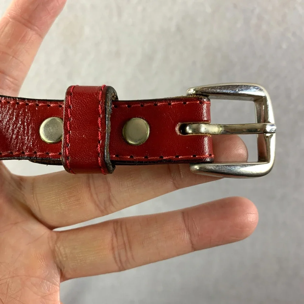 Vintage Womens Leather Belt Sz 32 Red Navy Fish Stitch Conchos‎ Coastal Boho